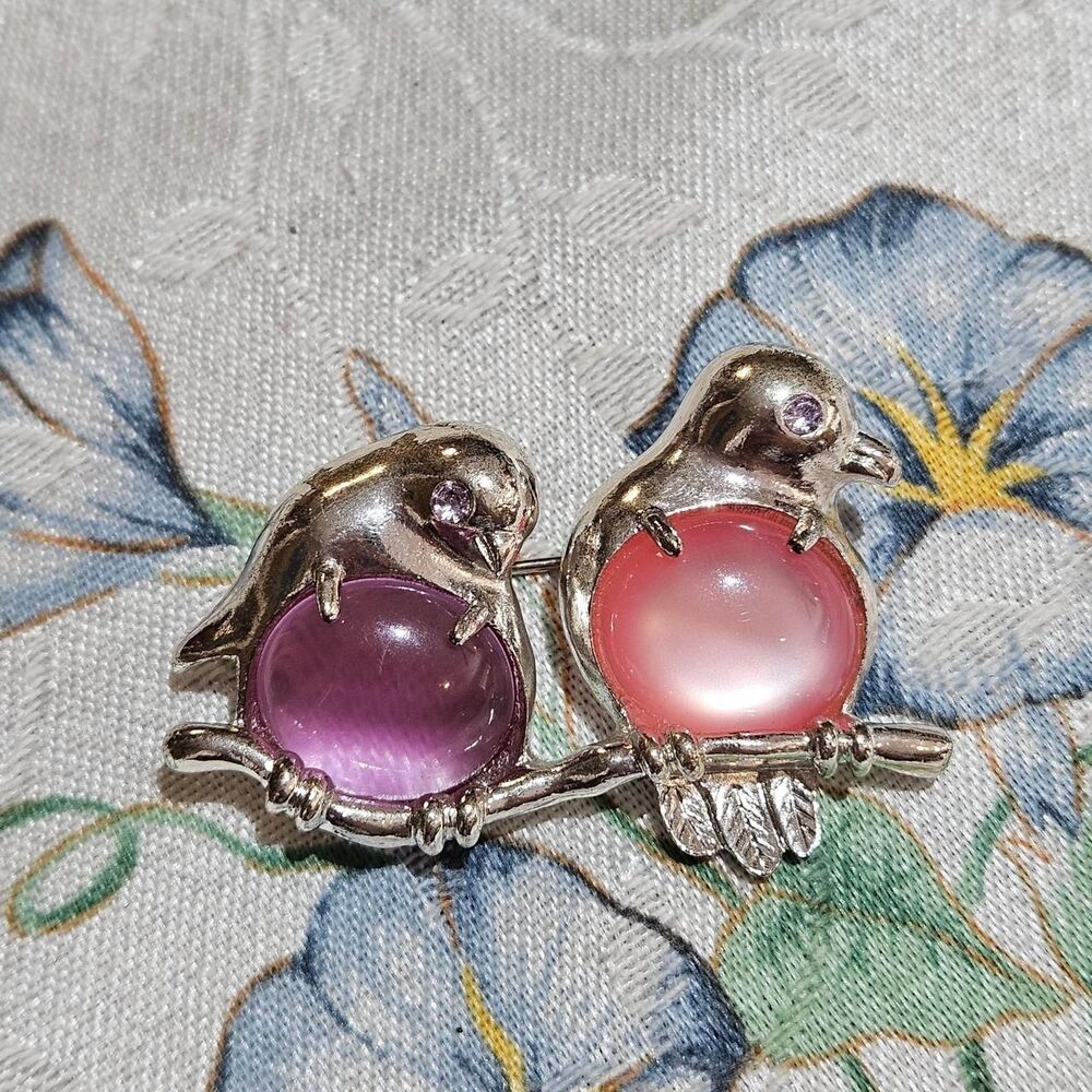 vintage jelly belly birds silver tone brooch